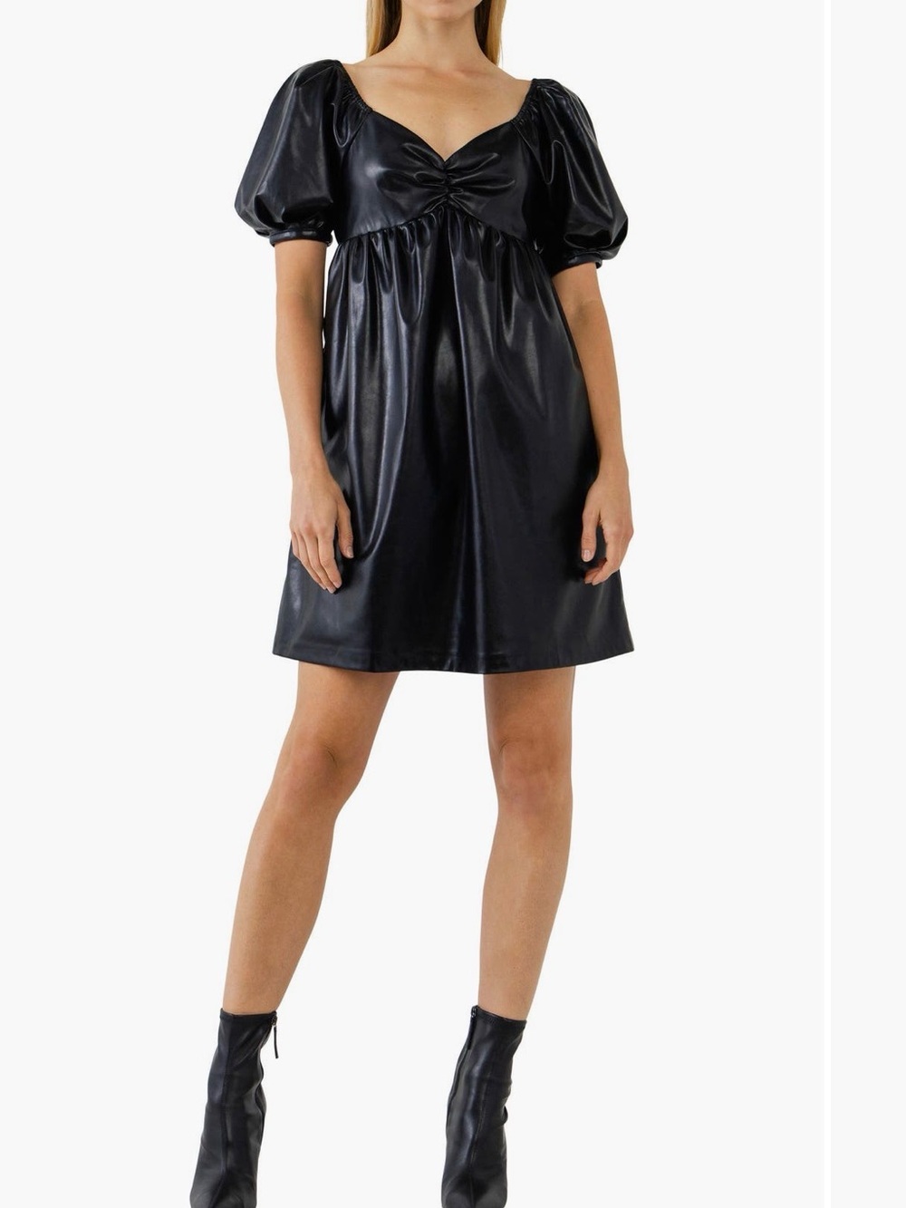 English Factory Black Faux Leather Puff Sleeve Mini Dress – NWT – S & M